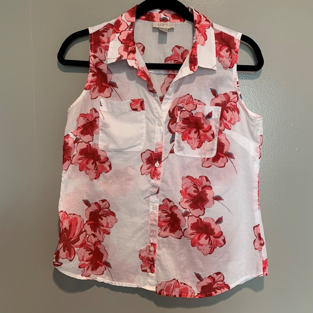 Floral Pink/Red Sleeveless Blouse by Loft